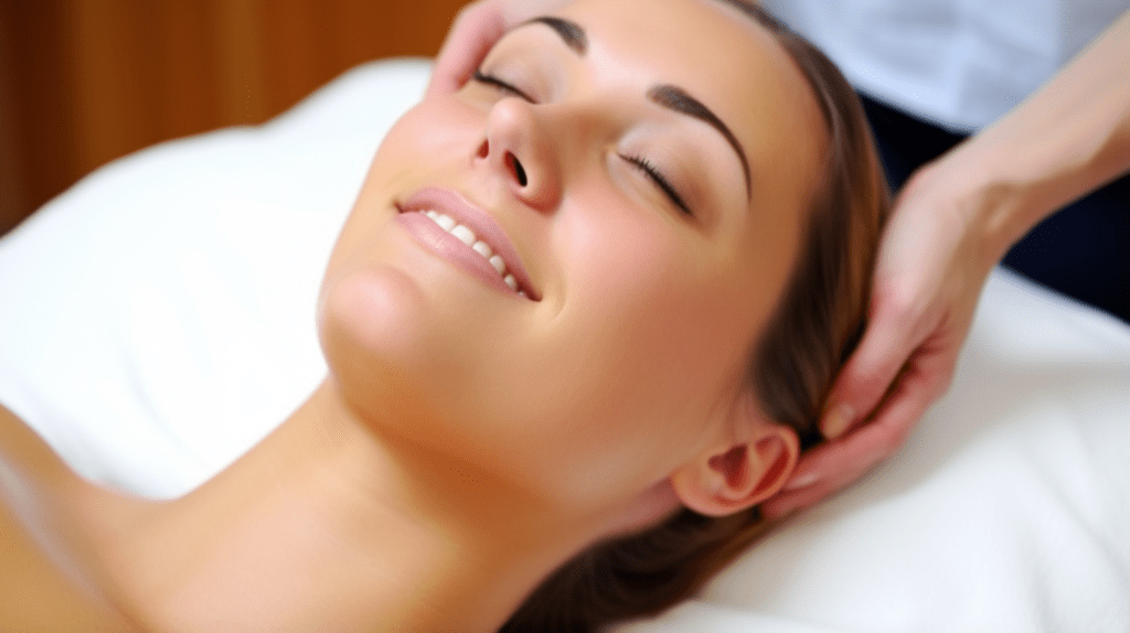 A woman is receiving a facial with a smile on her face at LindySpa Massage and skincare.